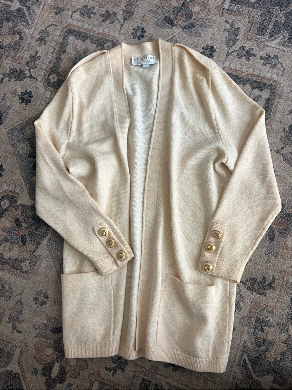 St. John Cream Open-Front Knit Cardigan with Button Cuffs size small